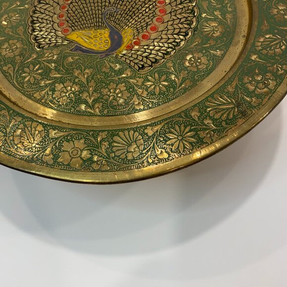 Brass round peacock etched wall plate decor 11.5" width vintage - Picture 2 of 5